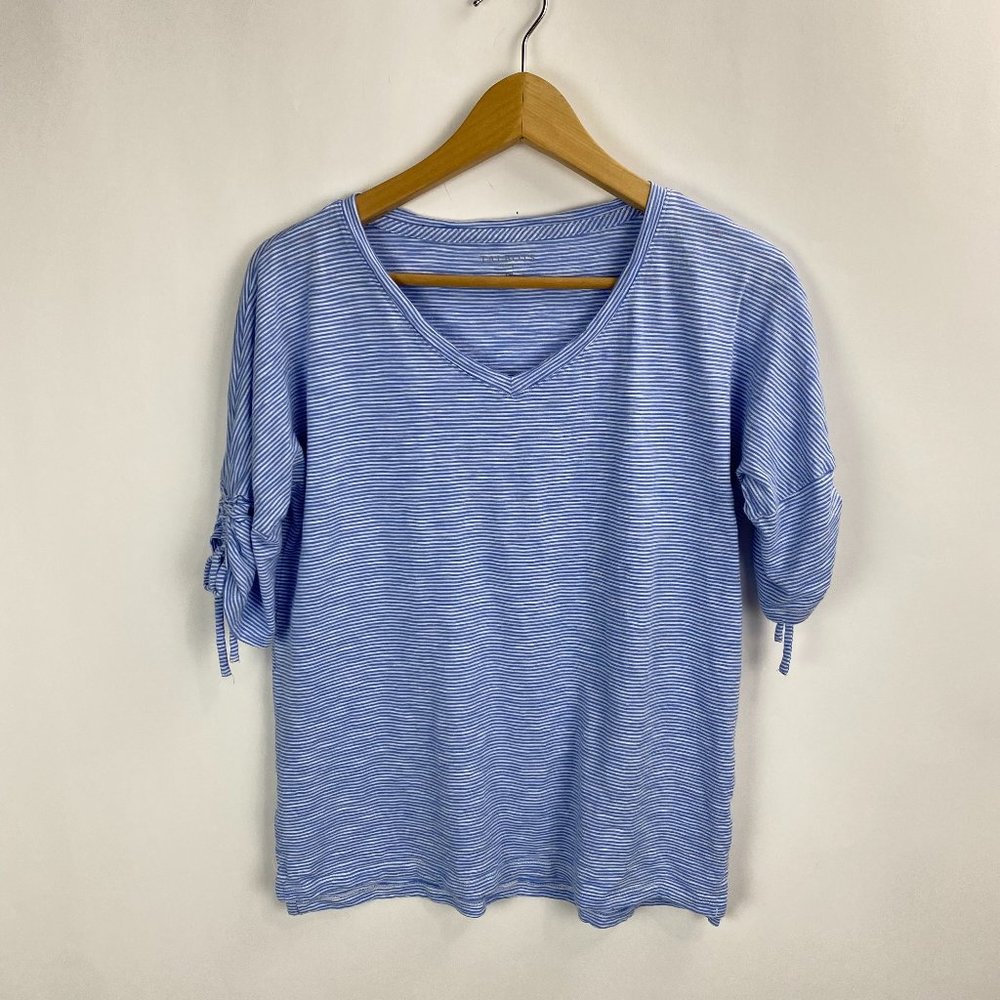Talbots Ruched Sleeve Blue White Striped Top